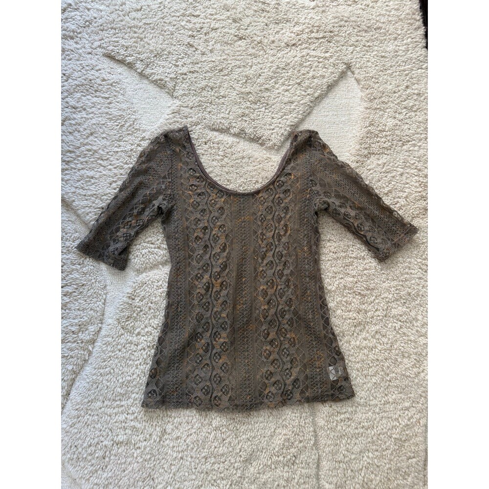 Vintage Y2K Sky Brand Sheer Geometric Lace Top, Metallic Copper Gold Shimmer S